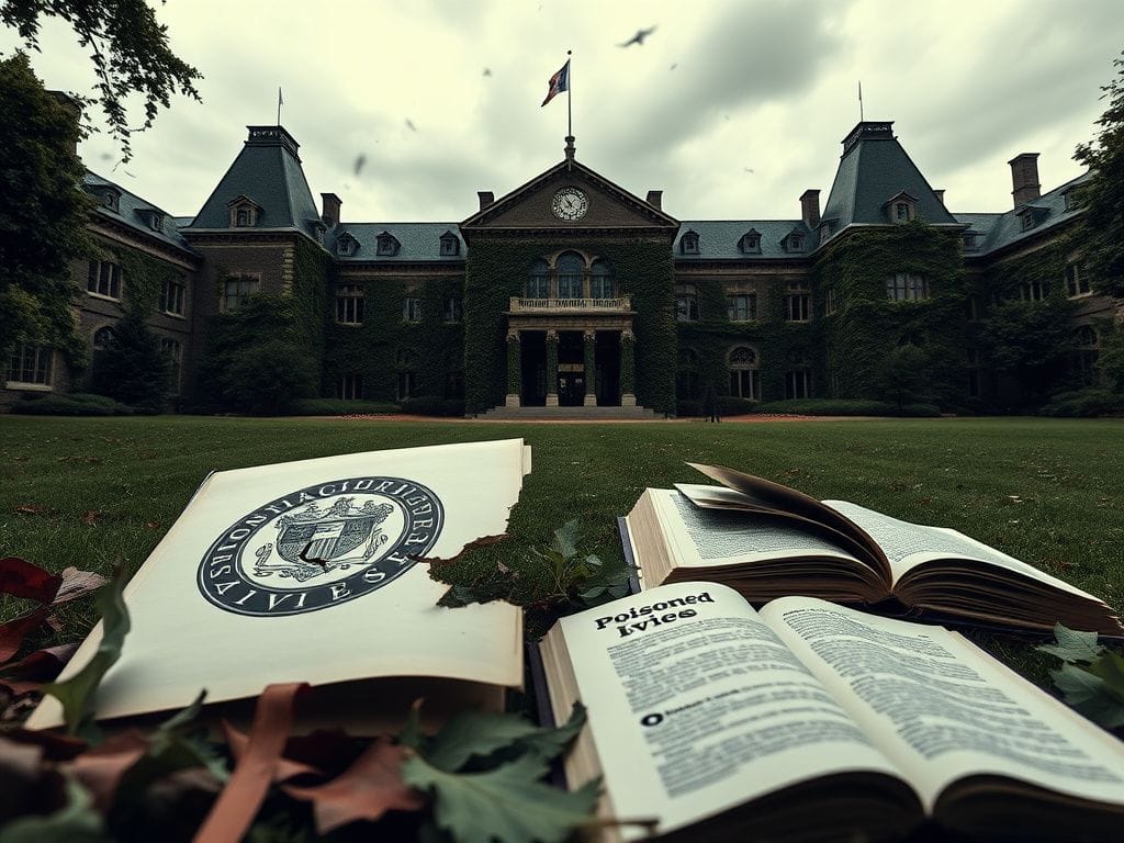 Flick International Wide view of a prestigious college campus with a cracked university shield emblem representing moral decay and antisemitism in higher education