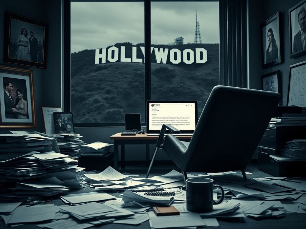 Flick International A chaotic office space with discarded papers and a tipped-over chair, representing instability in Meghan Markle's team