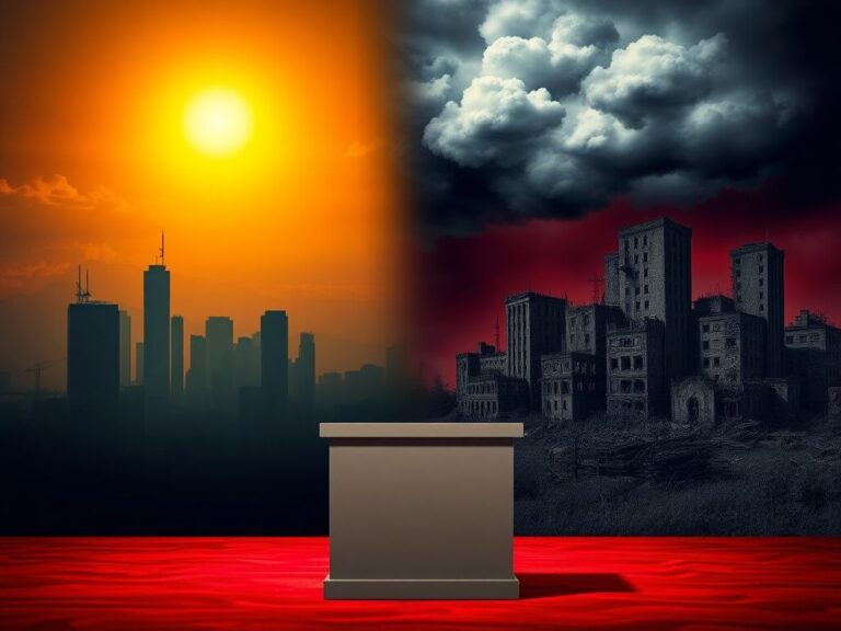 Flick International Dynamic representation of capitalism and socialism featuring contrasting cityscapes