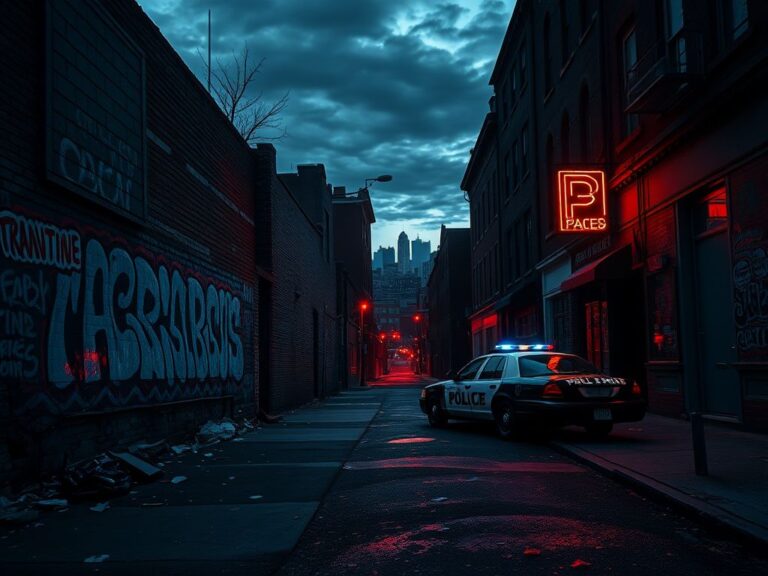 Flick International Dimly lit Boston alley adorned with graffiti, litter, and a vacant police car, symbolizing reduced law enforcement presence.