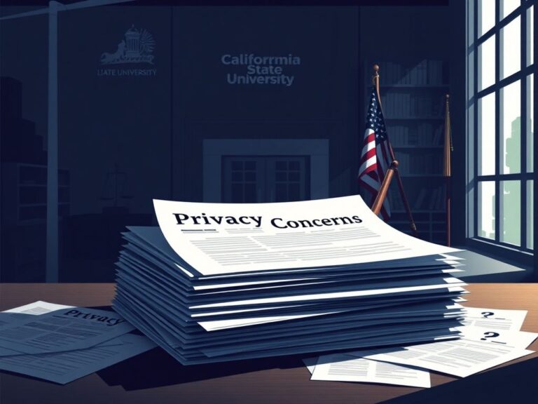 Flick International Scene depicting a California State University building with papers labeled 'Privacy Concerns' in focus