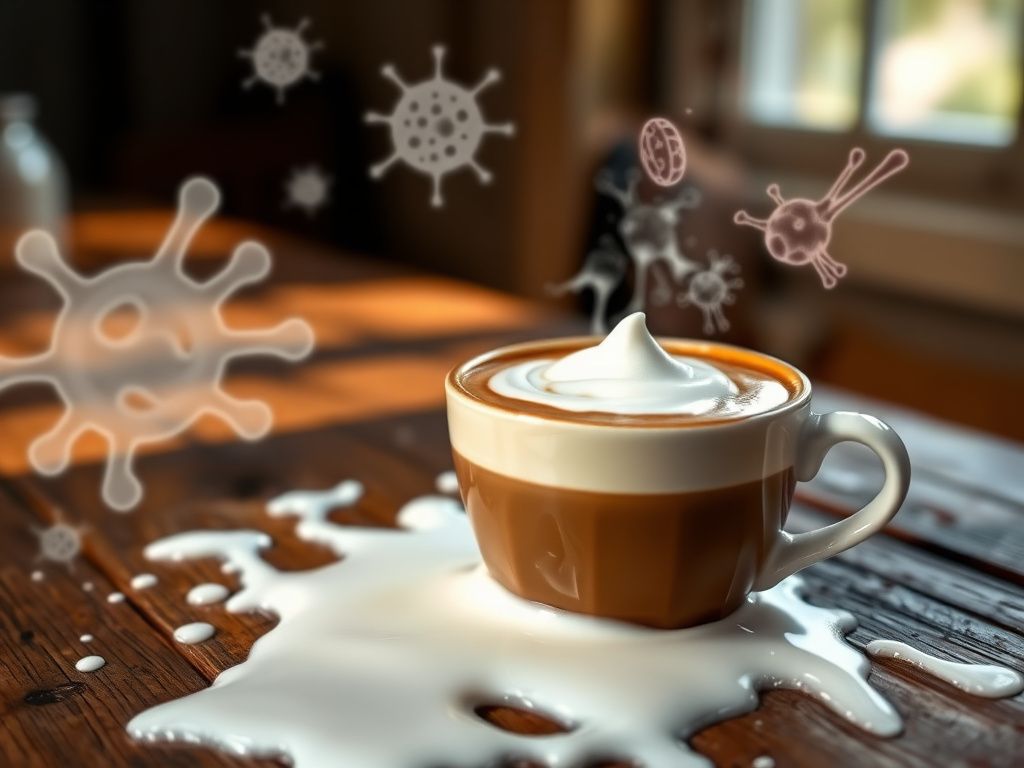 Flick International Close-up of a steaming coffee cup topped with raw cream on a wooden table