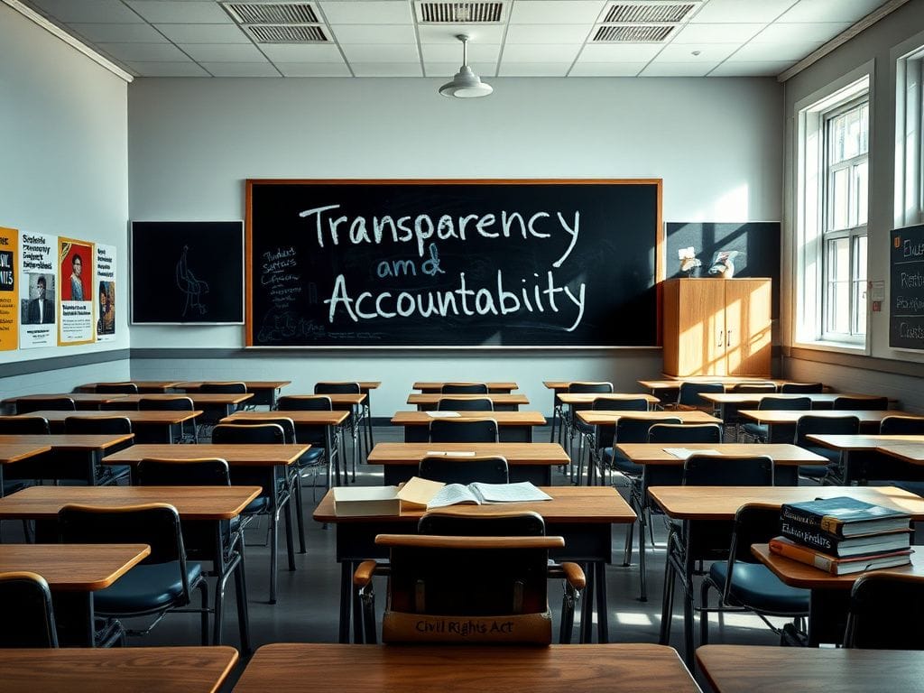Flick International A large, empty classroom with rows of empty desks and a chalkboard displaying 'Transparency' and 'Accountability'