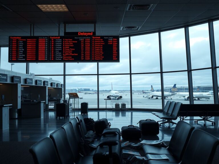 Flick International near-empty airport terminal with flickering lights and empty check-in counters during government shutdown