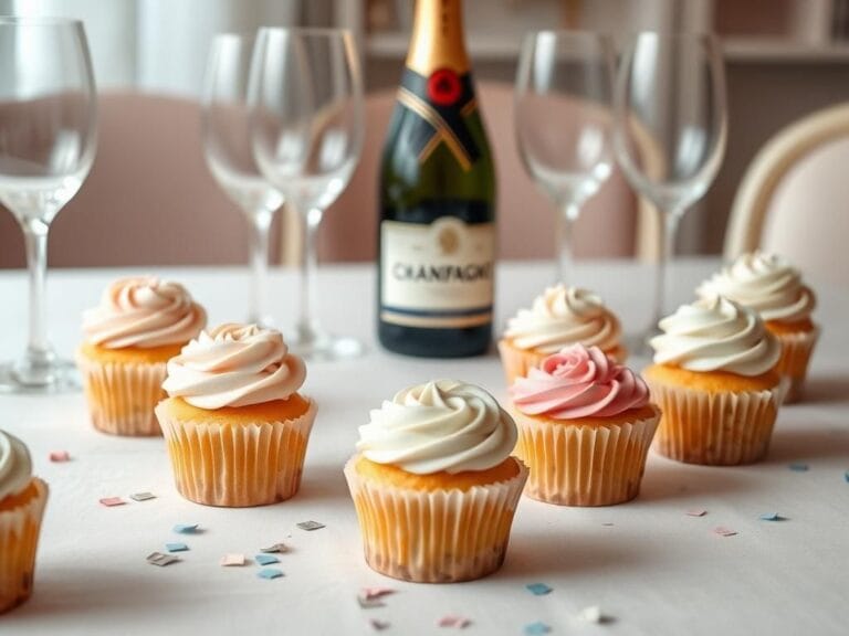 Flick International Celebration table set with cupcakes and champagne reflecting bittersweet irony