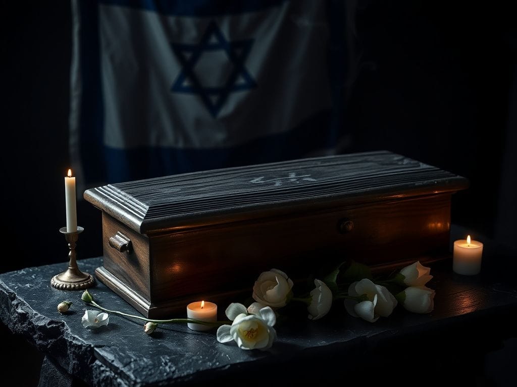 Flick International A weathered wooden coffin surrounded by candlelight and a faded Israeli flag, symbolizing mourning and remembrance