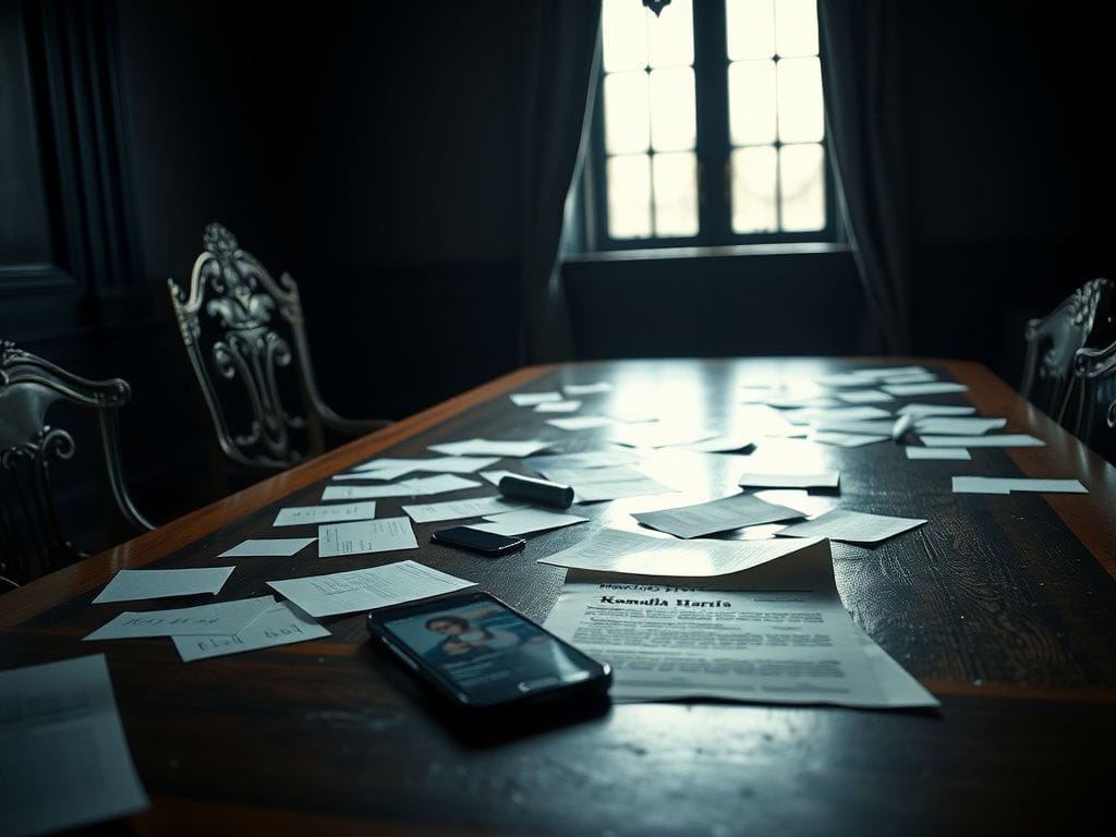 Flick International Dimly lit, tense atmosphere at a long wooden table with an empty chair symbolizing political absence