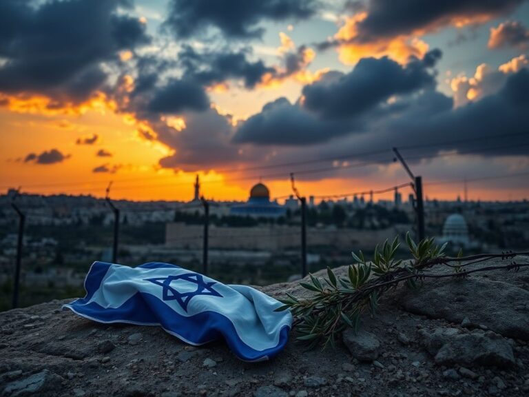 Flick International A tense Middle Eastern landscape featuring Jerusalem's skyline with an Israeli security barrier and the Dome of the Rock.