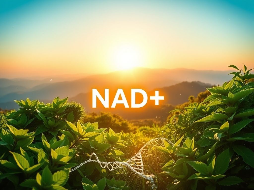 Flick International Glowing representation of the NAD+ molecule surrounded by vibrant greenery