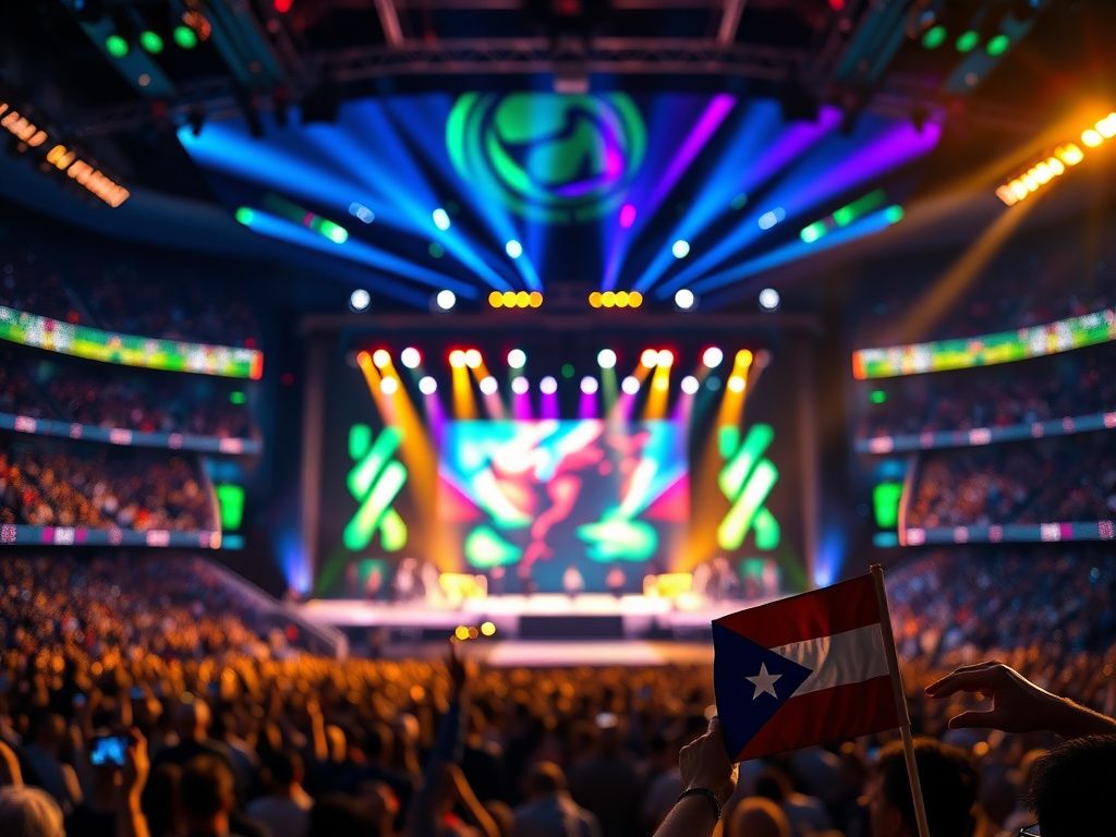 Flick International Vibrant Super Bowl halftime show stage with musical elements