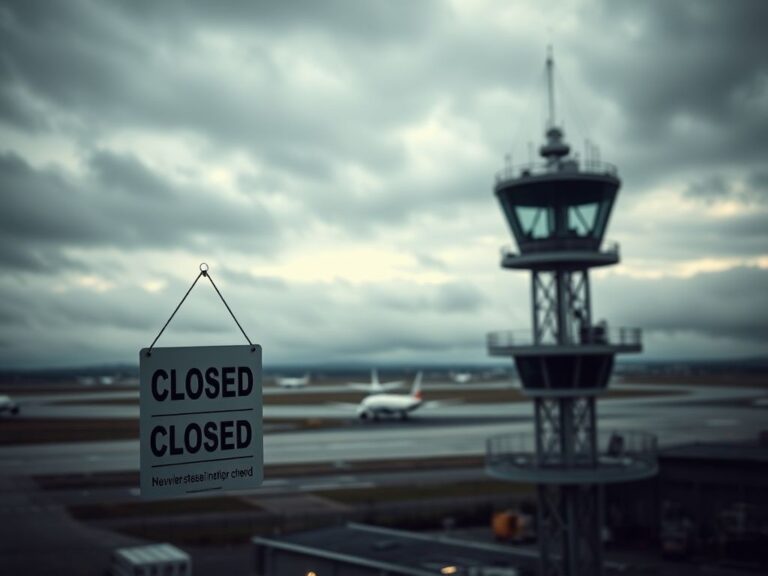 Flick International Aerial view of an empty air traffic control tower against a cloudy sky
