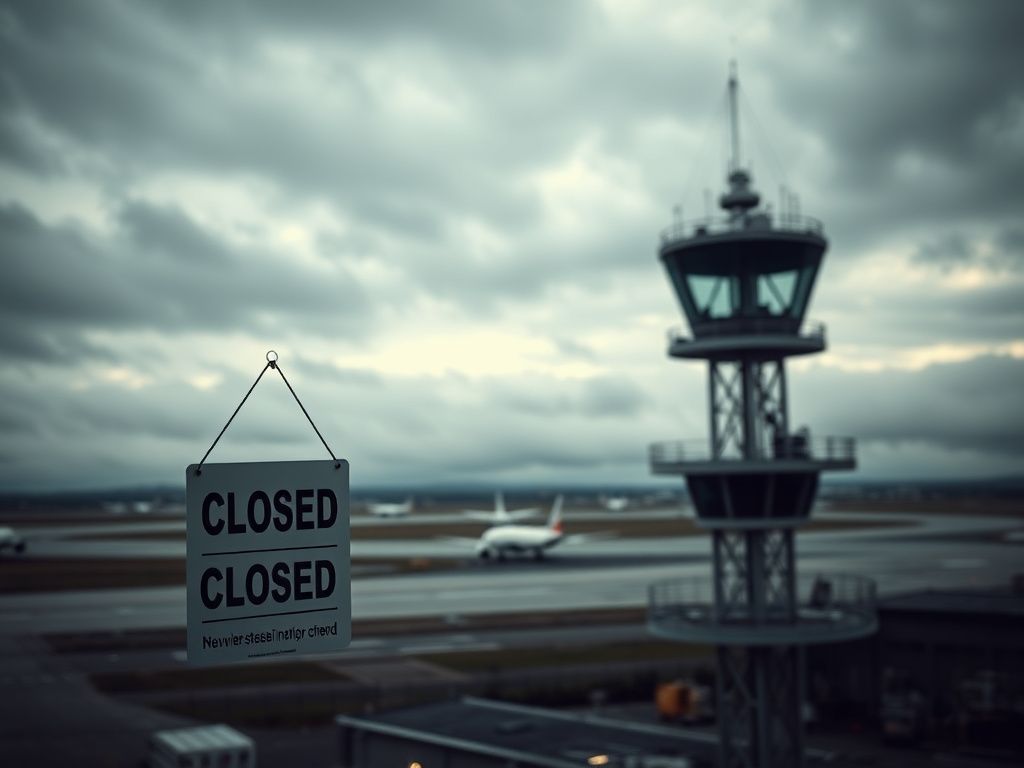 Flick International Aerial view of an empty air traffic control tower against a cloudy sky