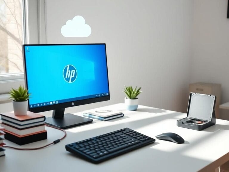 Flick International A serene home office scene with an HP desktop displaying Windows 11 interface and organized supplies.