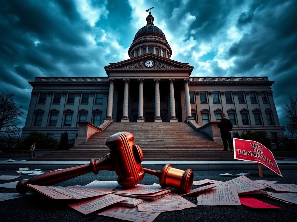 Flick International Grand architecture of the Tennessee state capitol building under a stormy sky with a broken gavel in the foreground
