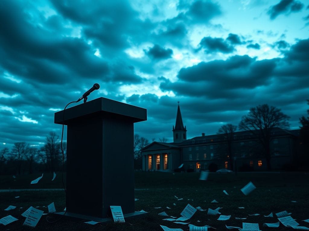 Flick International A dramatic landscape with a weathered podium and scattered papers, symbolizing the conflict in political discourse