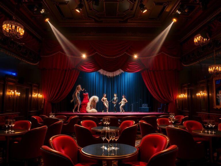 Flick International A glamorous view of the Crazy Horse Paris cabaret showcasing the luxurious red velvet stage and vintage seating.