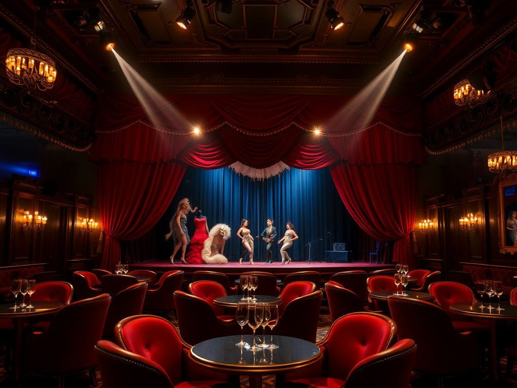 Flick International A glamorous view of the Crazy Horse Paris cabaret showcasing the luxurious red velvet stage and vintage seating.