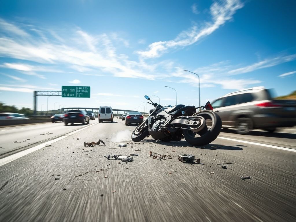Flick International Crumpled motorcycle on a California highway after high-speed pursuit
