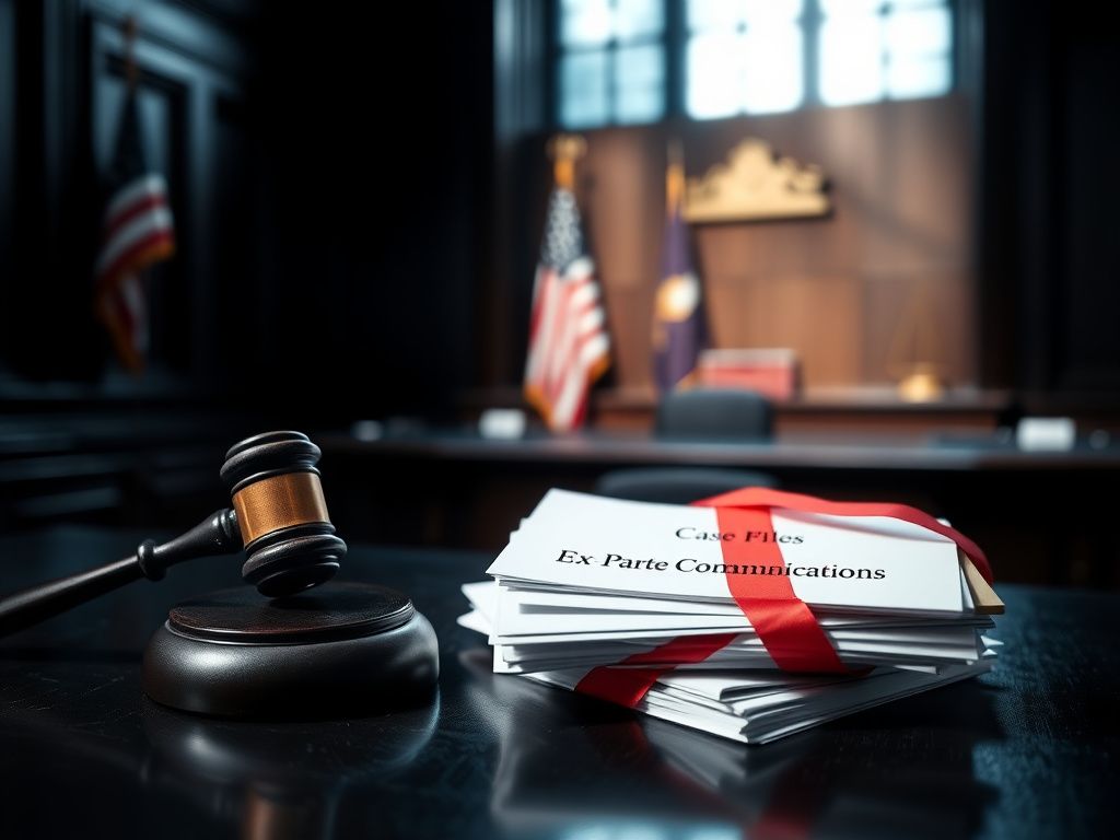 Flick International A dramatic courtroom scene featuring an empty judge's bench and a gavel on a wooden surface with legal documents in the foreground.