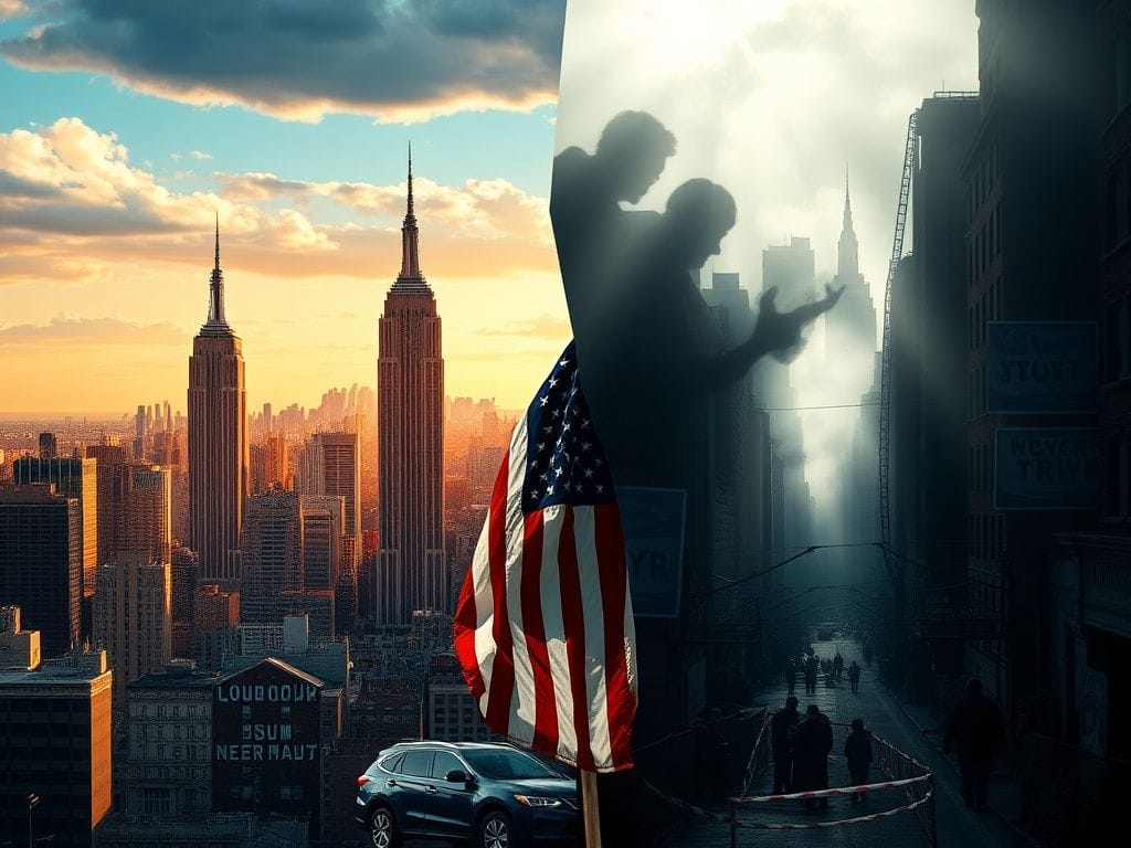 Flick International A dramatic split scene depicting contrasting urban landscapes in New York City, symbolizing political tension