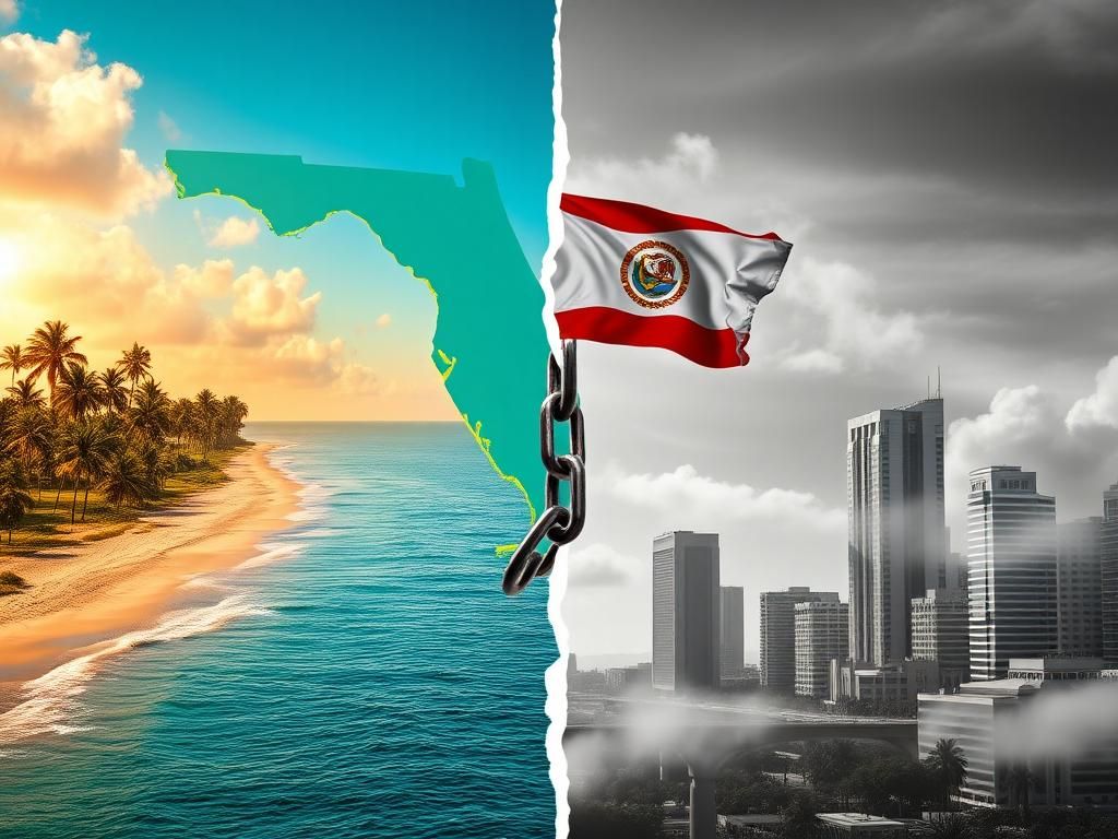 Flick International A split scene showing vibrant Florida coastline with beaches and palm trees contrasted with a gray urban landscape of San Francisco.