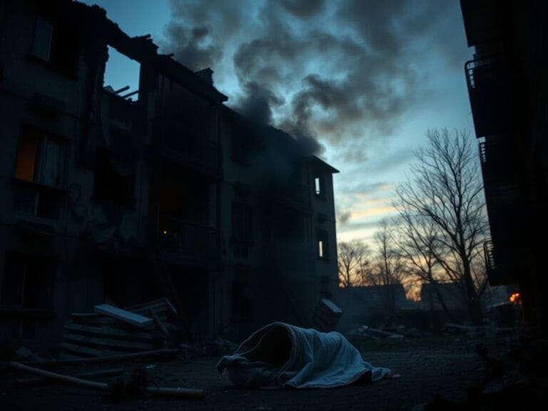 Flick International Charred apartment building at twilight with smoke billowing from windows