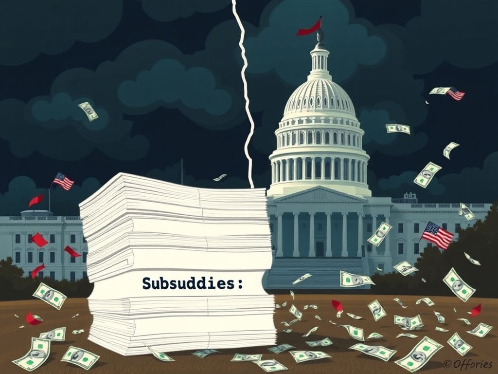 Flick International A dramatic illustration of a legislative building overshadowed by storm clouds, symbolizing political tension over Obamacare subsidies.