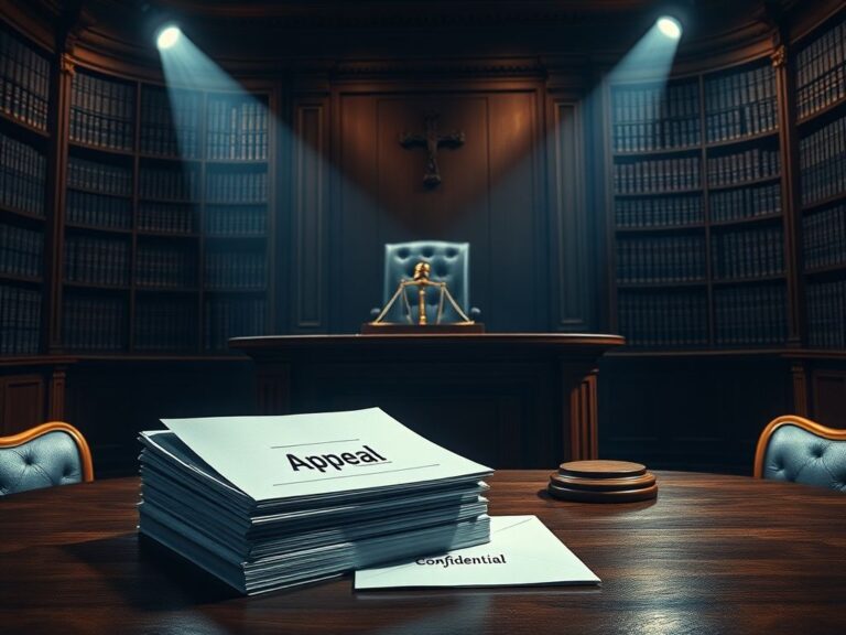 Flick International Dramatic courtroom scene with a grand judge's bench and legal documents