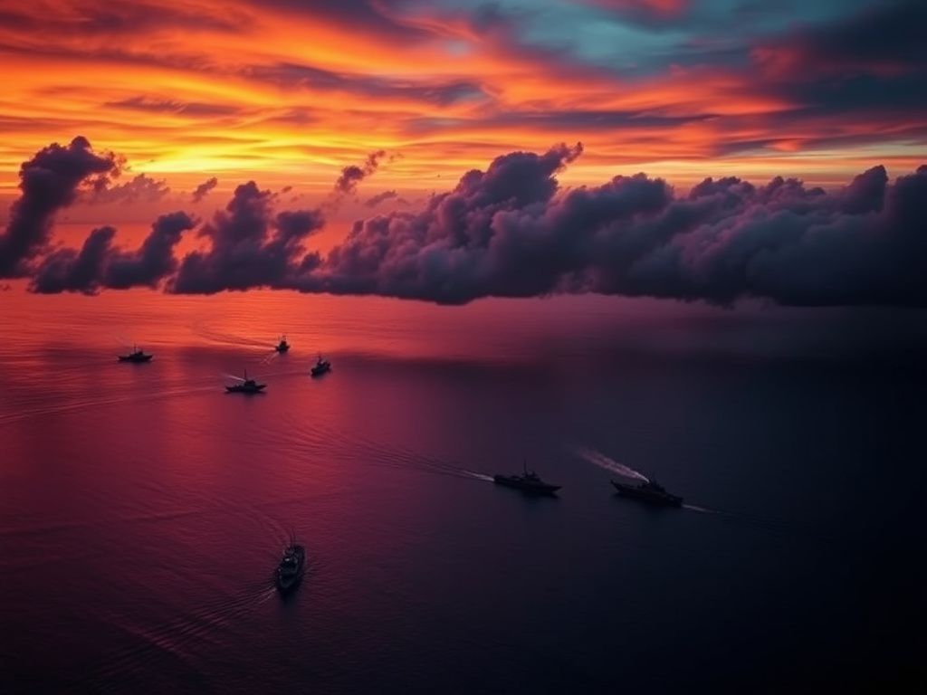 Flick International Aerial view of four boats in the Eastern Pacific during sunset, reflecting urgency in the battle against drug trafficking