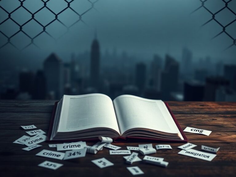 Flick International Abstract representation of crime data reporting with an empty notebook and scattered statistics