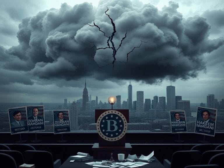 Flick International A large, cracked democratic emblem surrounded by torn campaign posters symbolizing internal party strife.