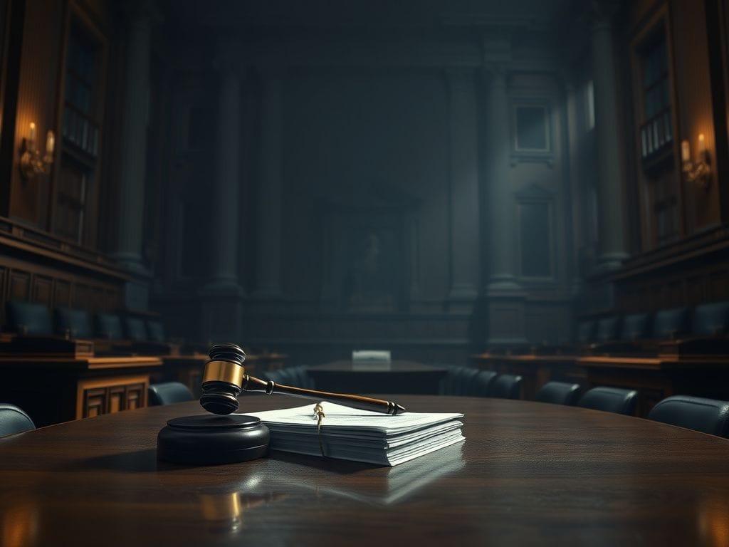 Flick International Dramatic courtroom scene showcasing legal documents and a gavel in a New York City courtroom