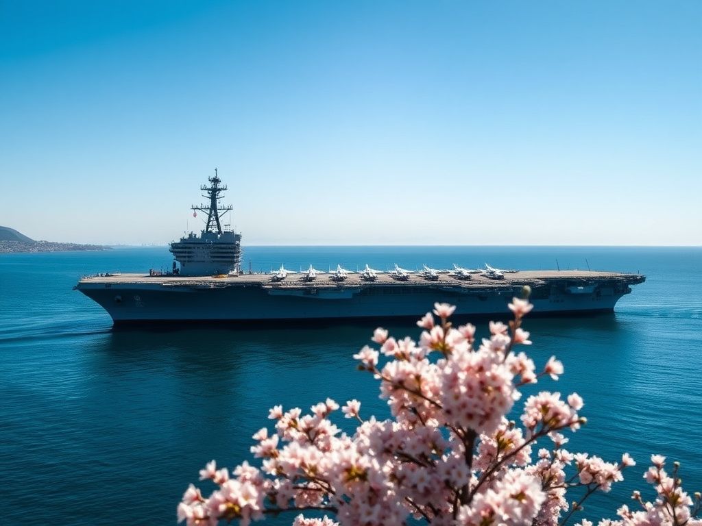 Flick International A sweeping view of the USS George Washington anchored in Yokosuka, Japan, showcasing its impressive structure and military readiness.