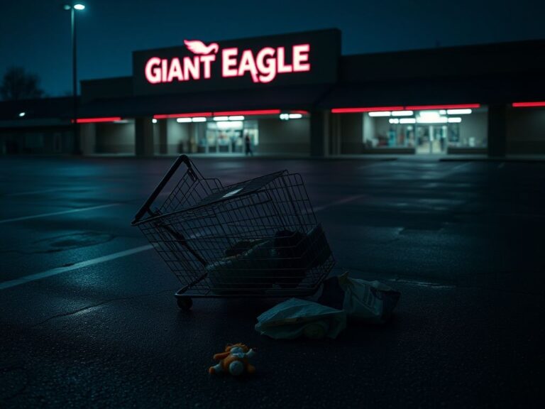 Flick International Empty grocery store parking lot at dusk with a tipped-over shopping cart and scattered items