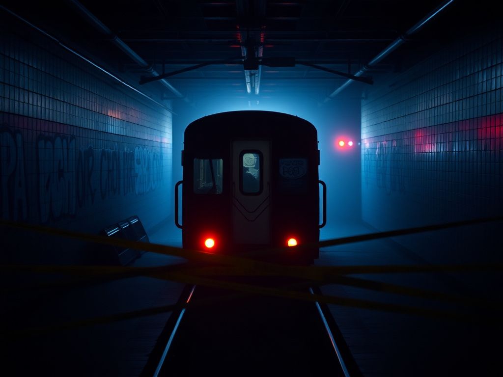 Flick International Silhouette of a subway train entering a dimly lit NYC station, symbolizing urban crime
