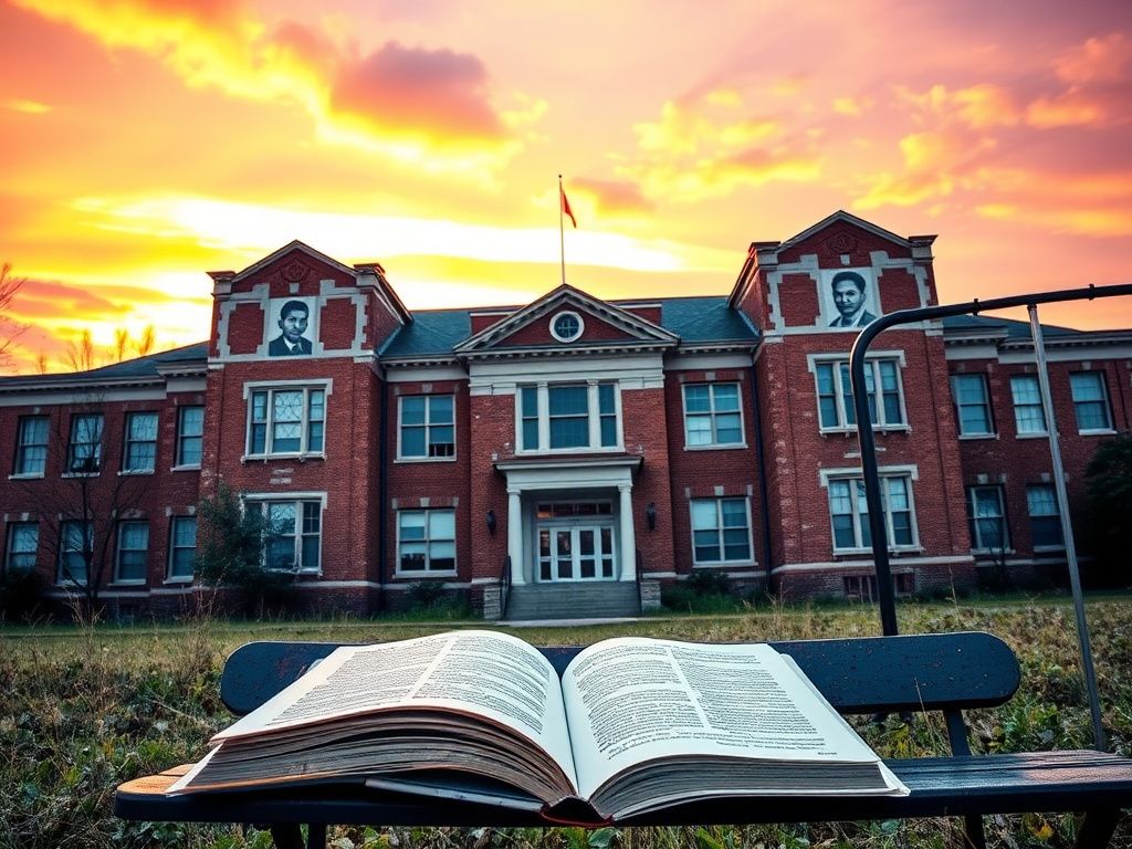 Flick International Dilapidated high school building with faded brickwork and cracked windows against a vibrant sunset