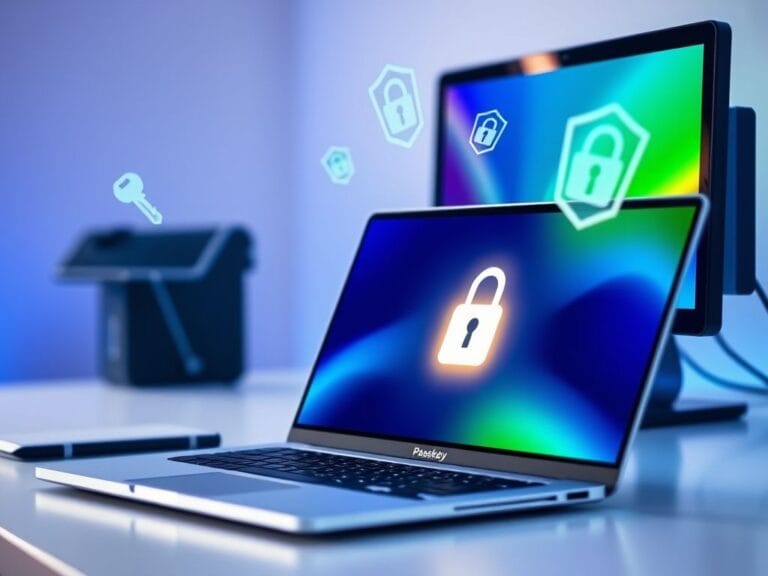 Flick International Close-up of laptop and desktop computer showcasing secure login interface with Passkey symbol