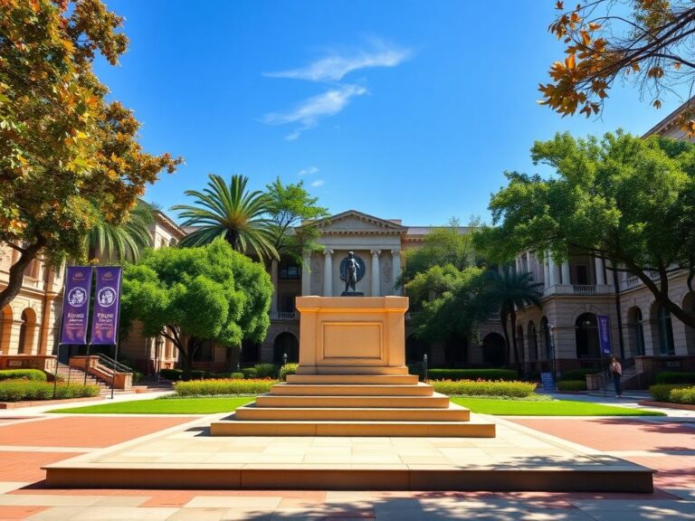Flick International Vibrant university campus scene at Louisiana State University showcasing an empty pedestal for a statue.