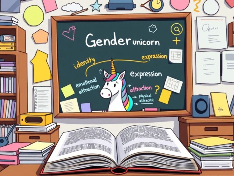 Flick International Cluttered classroom environment illustrating gender identity concepts with a whimsical gender unicorn graphic.
