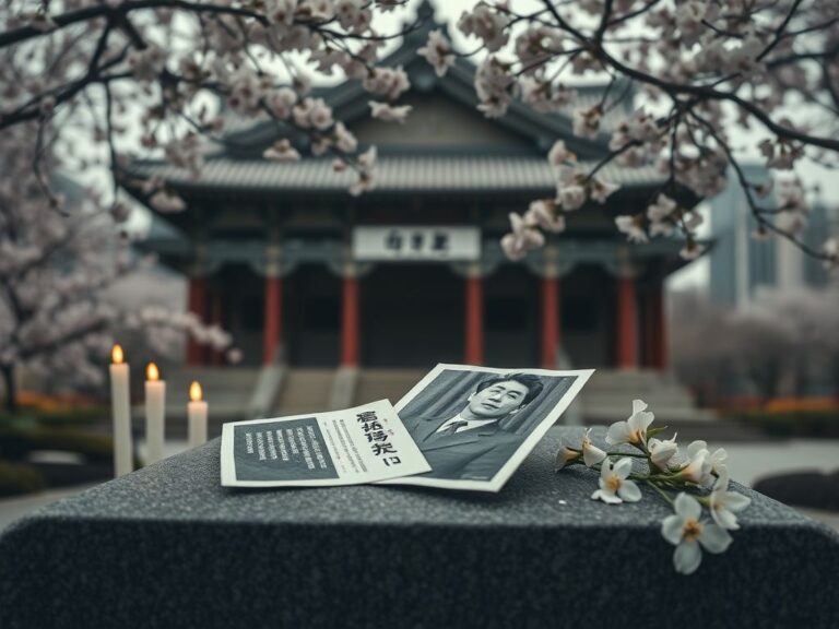 Flick International Traditional Japanese court building with cherry blossoms and memorial for Shinzo Abe