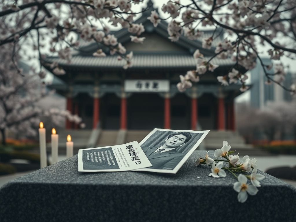 Flick International Traditional Japanese court building with cherry blossoms and memorial for Shinzo Abe