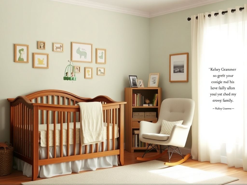 Flick International A cozy nursery depicting a warm and inviting family scene with a wooden crib and soft pastel colors.