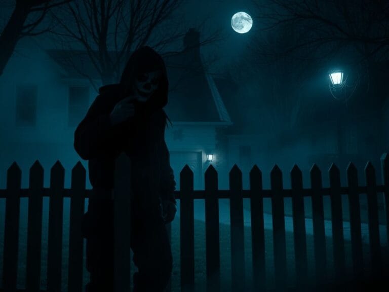 Flick International Shadowy figure in a clown mask near a family home during Halloween night