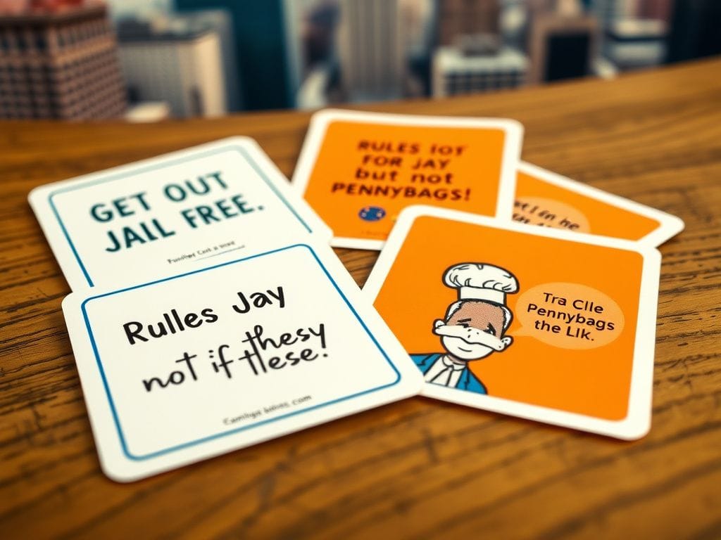 Flick International Close-up of Monopoly-style cards mocking Jay Jones' scandals on a wooden tabletop