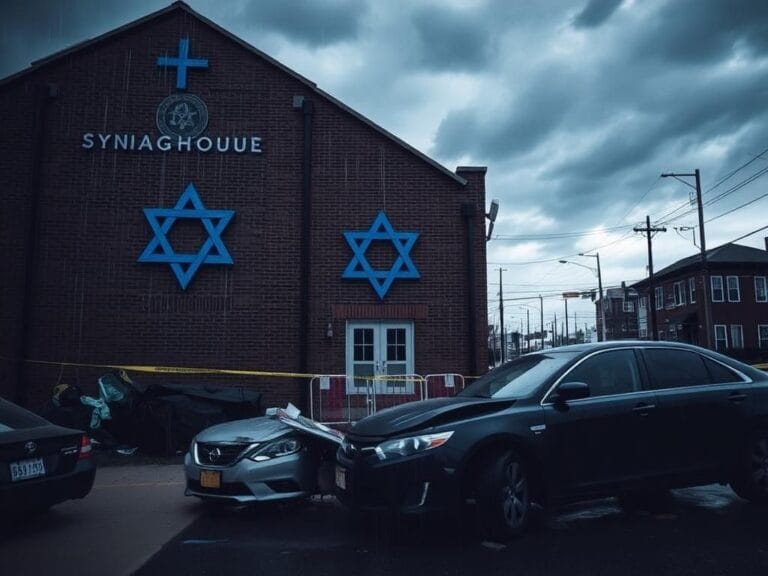 Flick International A somber scene outside a synagogue with a blue Star of David and remnants of a terror attack