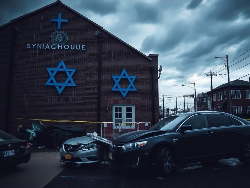 Flick International A somber scene outside a synagogue with a blue Star of David and remnants of a terror attack