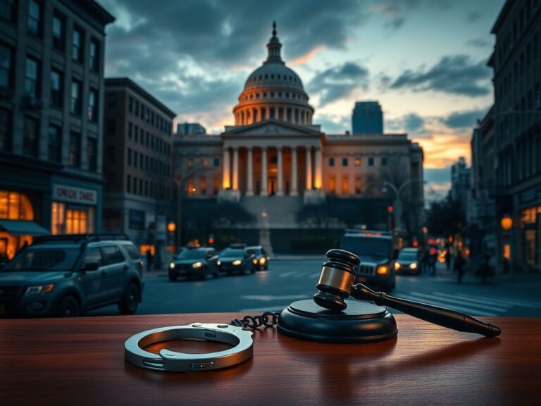 Flick International Dramatic cityscape of Washington, D.C. at dusk with government building and National Guard vehicles