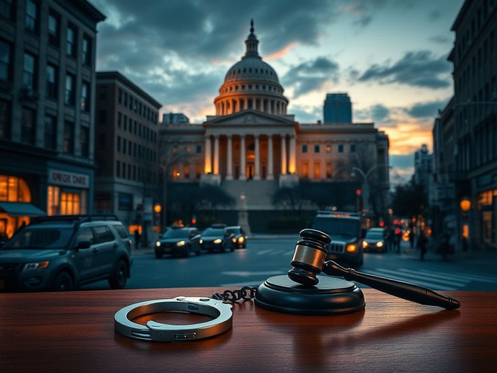 Flick International Dramatic cityscape of Washington, D.C. at dusk with government building and National Guard vehicles