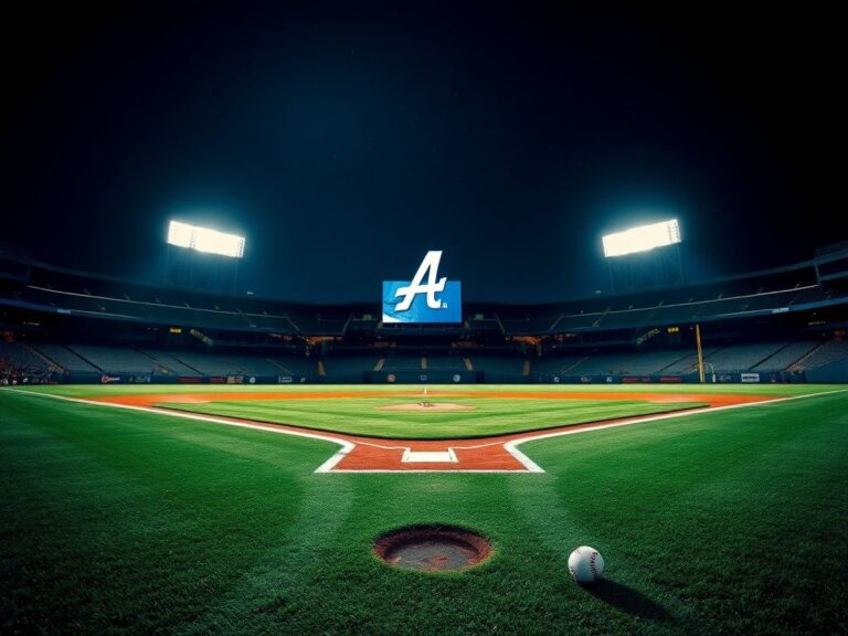 Flick International A dramatic nighttime view of Dodger Stadium showcasing an empty baseball field with stadium lights illuminating the diamond.
