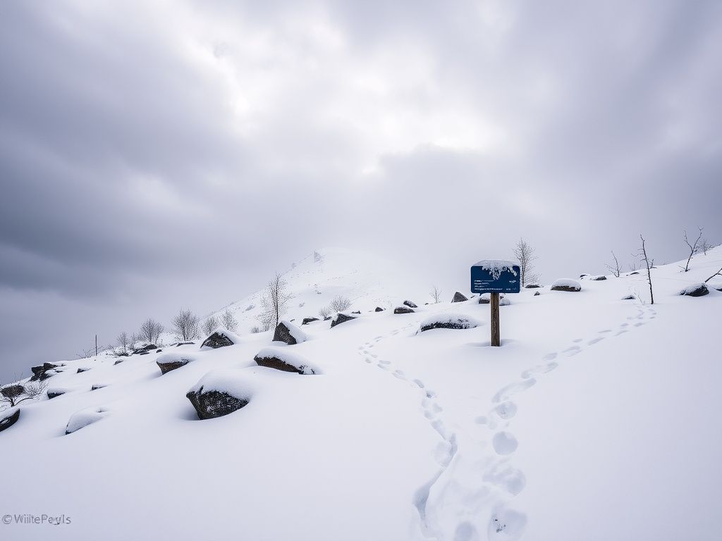 Flick International Snow-covered Mount Washington summit with rugged trail in treacherous whiteout conditions